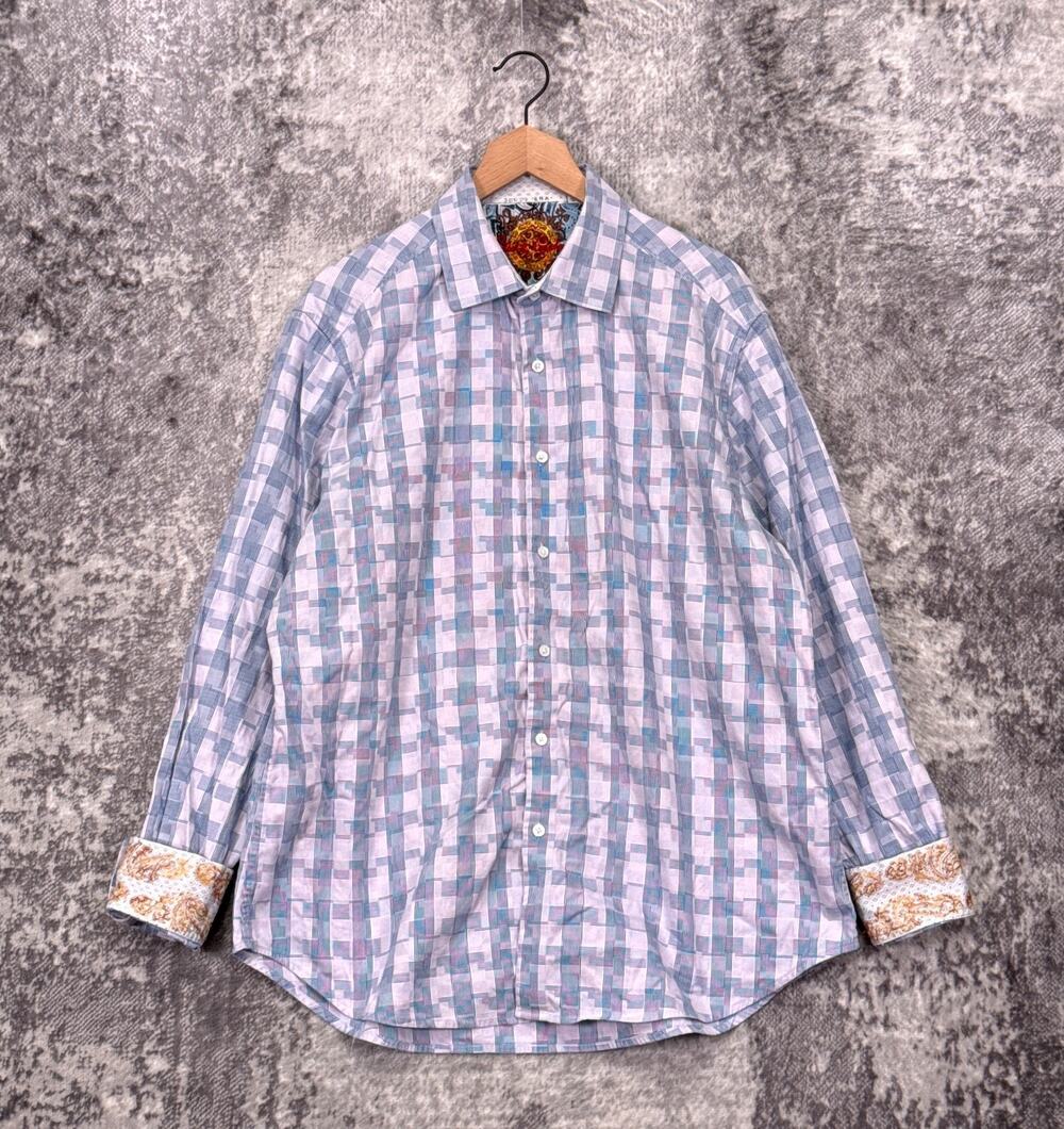 Robert Graham Shirt 2XL Mens Blue Geometric Check Flip Cuff Long Sleeve